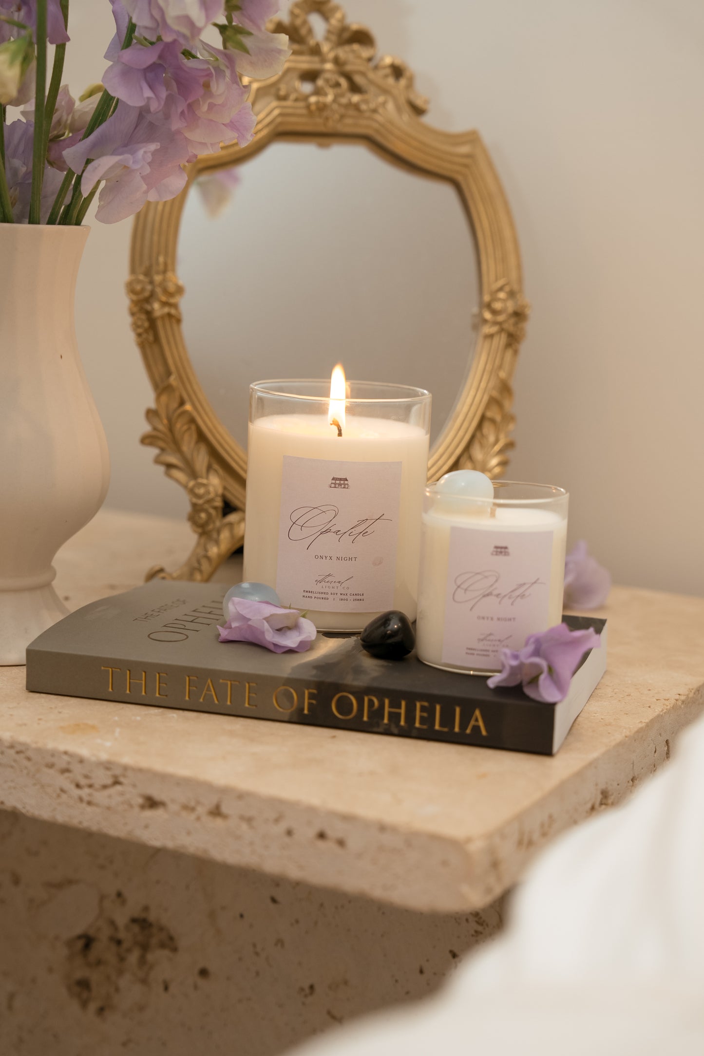Opalite   -   Vanilla, Sweet Pea & Black Raspberries  -   Opalite and Black Onyx Crystals